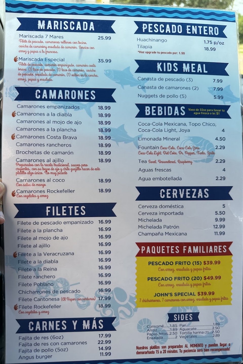 Menu page with seafood categories and dish names.