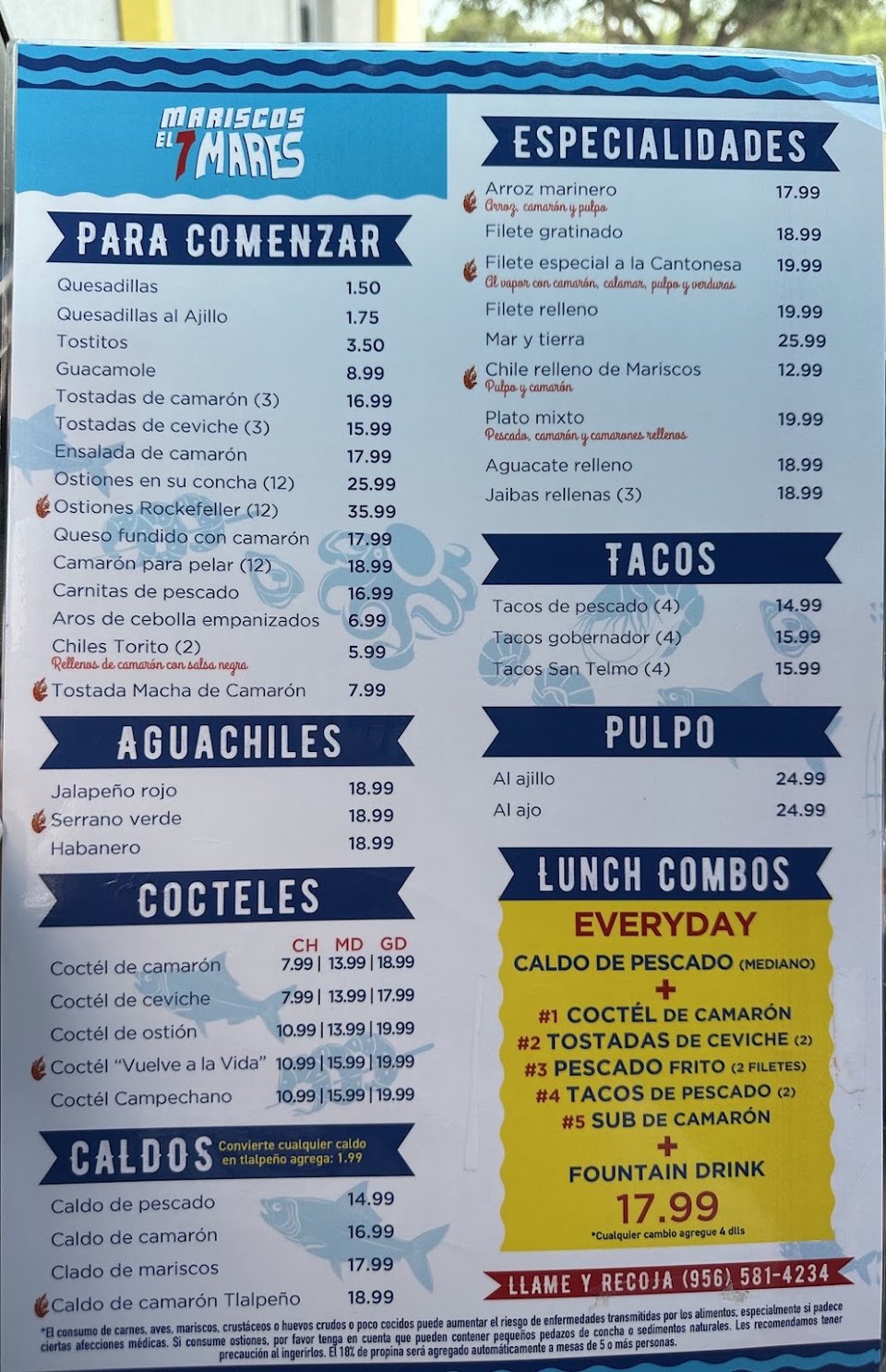 Seafood menu with ceviche and grilled options.